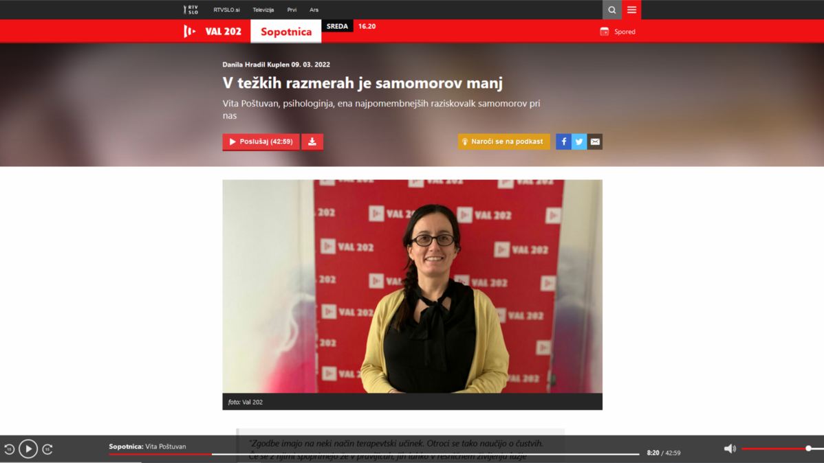 V težkih razmerah je samomorov manj – Dr. Vita Poštuvan v pogovorni oddaji za VAL 202